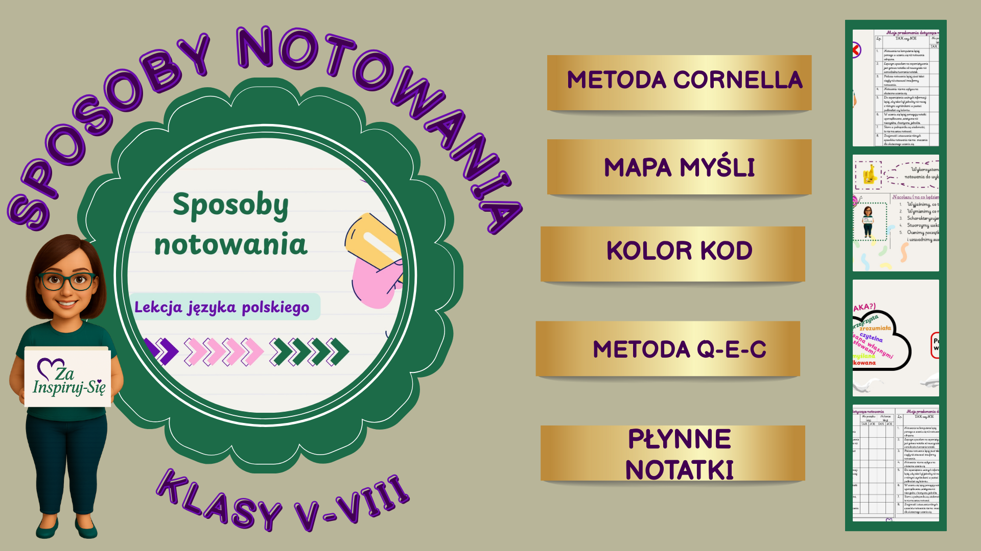 Sposoby notowania – lekcja języka polskiego dla klas IV–VIII (Cornell, mapa myśli, karty pracy, prezentacja)